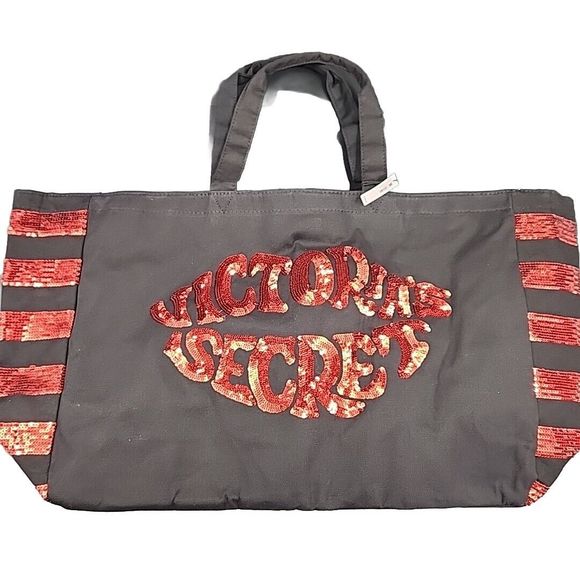 Victorias Secret Black Red Sequins Tote Large Travel Bag Valentines Day Lips NEW - Picture 1 of 16